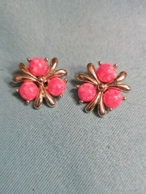 Gold-Tone Floral Clip On Earrings with Pink Cabochons